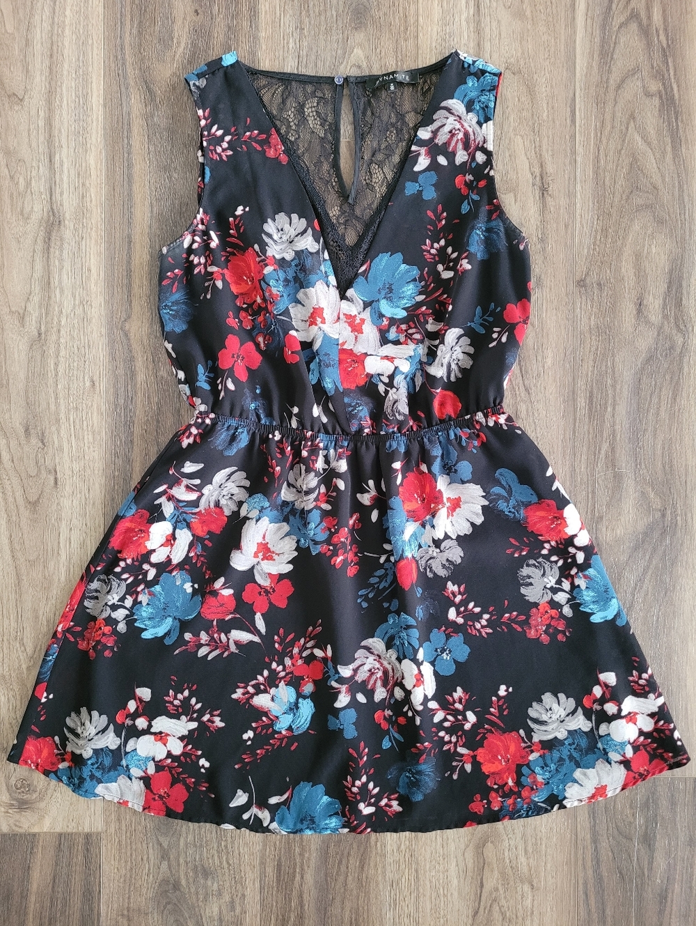 Dynamite Floral Black Lace-Trim Mini Dress